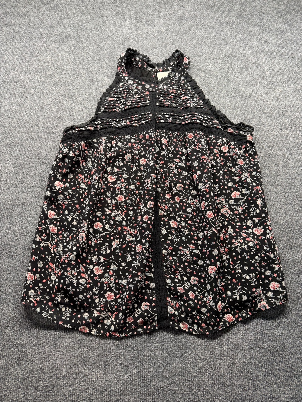 Maeve Black Floral Halter Blouse with Pink Accents